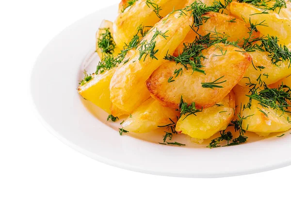 Fried Potato Slices Dill Plate — 图库照片