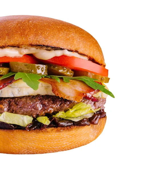 Bacon Cheese Burger Beef Patty Tomato Cucumber — Stok fotoğraf