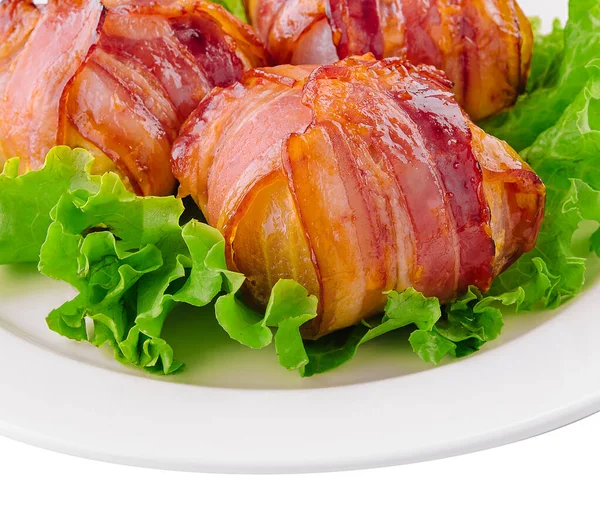 Twisted Rolls Bacon White Plate — Fotografia de Stock
