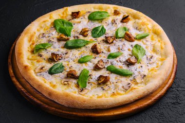 Şampiyon, peynirli ve fesleğenli pizzanın en iyi görüntüsü