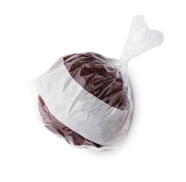 Şeffaf ambalaj üst görünümünde siyah yuvarlak ekmek