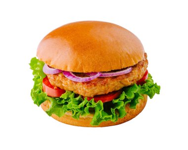 Beyaz üzerine izole edilmiş sulu tavuk burgerli hamburger
