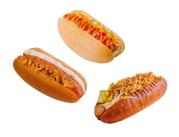 Heerlijke Hotdogs Met Mosterd Ketchup Witte Achtergrond — Stockfoto