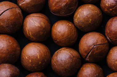 Macadamia fındıkları kapanıyor. Macadamia fındık arka planı.