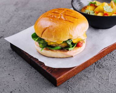 Close-up of Fresh tasty chicken burger