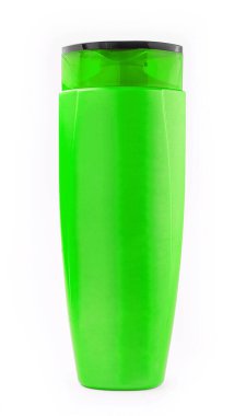 green plastic bottle with shampoo gel on white background
