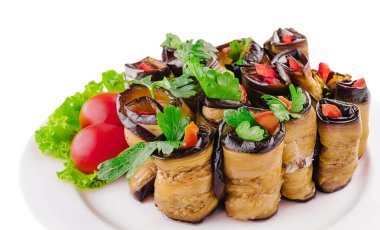 Rolls of fried eggplant stuffed with mayonnaise and tomatoes