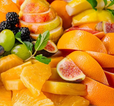 Egzotik meyve tabağı arka planı kapat