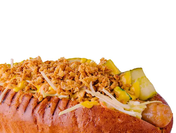 Heerlijke Gastronomische Gegrilde Hotdogs Met Mosterd Augurken — Stockfoto