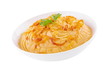 Mashed Potatoes with fried onions in plate