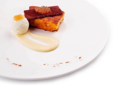 molecular cuisine. Ice cream, applesauce caviar and casserole