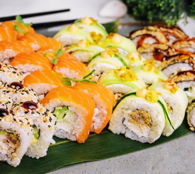 Different types of Japanese sushi on plate