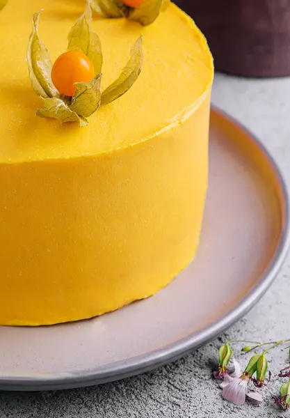Tasty mango mousse cake on plate
