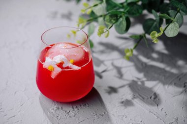 Zarif kırmızı bir içecek. Üstünde narin bir çiçek var. Dokulu bir yüzeyde yeşil yaprakların yanında.