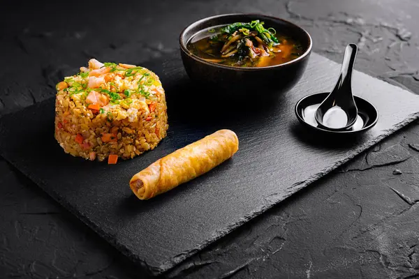Tempting Display Fried Rice Spring Roll Soup Dark Textured Slate — Stock Photo, Image