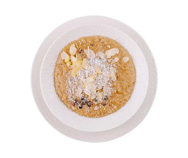 Top View Healthy Bowl Almond Coconut Porridge Isolated White Background — Stock Photo, Image