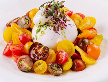 Beyaz bir tabakta sunulan renkli domates ve bitkilerle taze burrata.