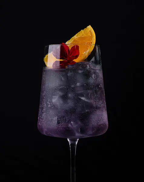 stock image A stylish purple cocktail adorned with citrus and flower on a dark background