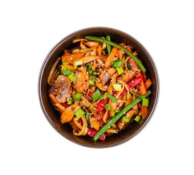 Biftek, karışık sebze ve doğu soslu tuzlu kızartma. Mutfak temaları için mükemmel.