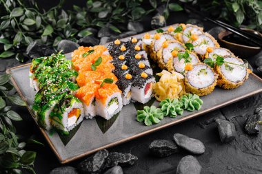 Variety of sushi rolls artfully presented on a modern plate, perfect for culinary designs