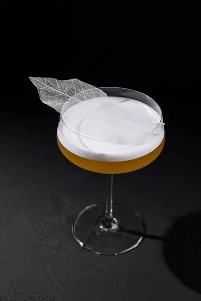stock image Craft cocktail in a stemmed glass with a delicate leaf adornment, showcased on a dark backdrop