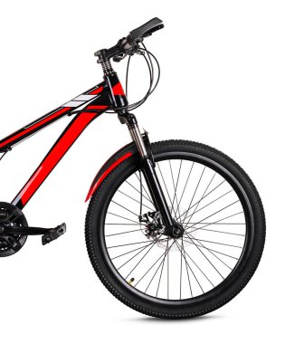 Side view of a stylish black and red mountain bike with sleek design isolated on a white background