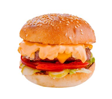 Sulu burger taze malzemeler ve kızarmış çöreğin üzerine damlayan erimiş peynirle baştan çıkarıcıdır.