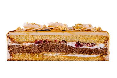 Tereyağlı kremalı ve çikolatalı büyük dikdörtgen pastanın içindeki lezzetli katmanları gösteriyor.