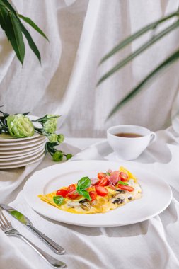 Lezzetli malzemelerle doldurulmuş omlet, kahvaltıda beyaz tabakta servis ediliyor.