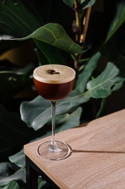 Canlandırıcı espresso martini kokteyli, arka planda tropik bir bitki bulunan ahşap bir masanın üzerinde duruyor.