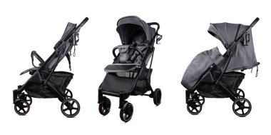 Modern bebek arabası beyaz arka planda izole edilmiş farklı pozisyonları gösteriyor, yeni doğan bir bebek için hazır.