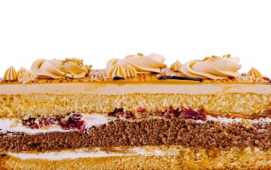 Tereyağlı kremalı ve çikolatalı büyük dikdörtgen pastanın içindeki lezzetli katmanları gösteriyor.