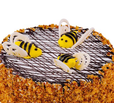 Arılarla süslenmiş lezzetli ballı pasta ve beyaz arka planda çikolata.