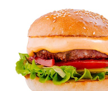 Sığır etli, erimiş peynirli, domatesli ve yeşil salatalı taze iştah açıcı burger.
