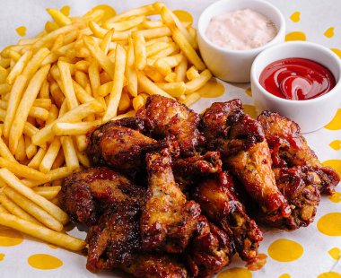 Delicious golden fried chicken wings with french fries and sauces, ready to eat on a wooden board clipart