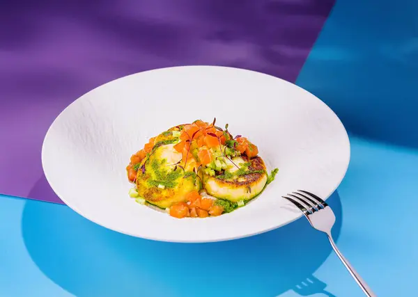 stock image Salmon tartare with avocado and zucchini pancakes elegantly arranged on a white designer plate, creating a visually appealing culinary experience