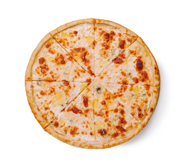 Bütün bir peynirli pizza mükemmel bir şekilde sekiz eşit parçaya bölünmüş olarak sergileniyor. Altın kabuk ve köpüren peynir tazeliği gösterir, paylaşmaya ya da tatmaya hazırdır..