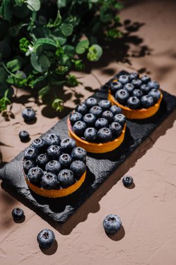 Üç yabanmersinli turta, taze yaban mersiniyle süslenmiş, siyah bir tabakta otururlar. Doğal ortam arka planda yeşillik barındırıyor, davetkar bir atmosfer yaratıyor..