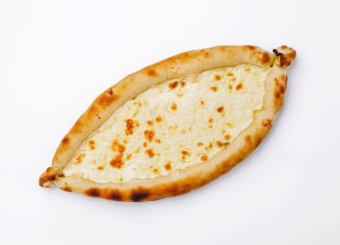 A fresh khachapuri sits on a white background, showcasing its golden crust and oozing cheese filling. This Georgian dish is inviting and visually appealing, ideal for food lovers. clipart