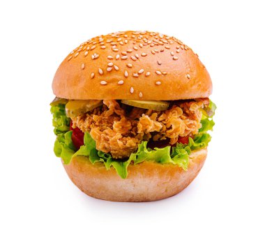 Lezzetli bir hamburger, gevrek kızarmış tavuk, taze marul, domates, turşu ve lezzetli soslarla dolu, doyurucu bir öğle veya akşam yemeği için mükemmel susamlı bir çörek içerir..