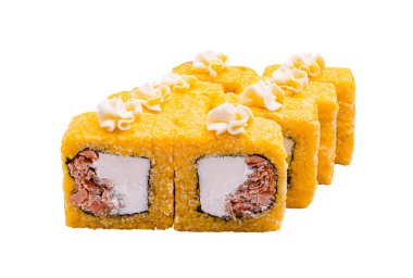 Displayed are sushi rolls featuring a bright yellow crispy exterior and a delicious filling of salmon and cream cheese. Garnished with dollops of cream, they offer a vibrant appearance. clipart