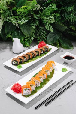 İki tabak renkli suşi rulosu somon ve yengeç dolgulu, wasabi ve turşulu zencefil ile süslenmiş, dingin bir yemek deneyimi için yemyeşil yapraklara karşı hazırlanmış..