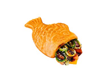 A beautifully crafted fish-shaped pastry is filled with an assortment of fresh vegetables, sauces, and seasonings. This vibrant street food dish is perfect for a quick, flavorful snack. clipart