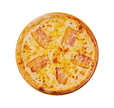 Lezzetli bir peynirli pizza, üzerinde erimiş peynir ve kıtır pastırma dilimleri olan altın hamuru içerir. Bu yemek her yemek için mükemmel, sıcak ve taze..