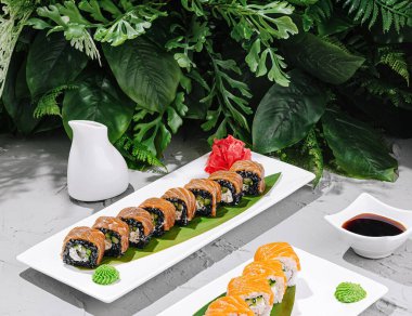 İki suşi tabağı zarif bir şekilde masaya konur. Bir tabakta somon ruloları sergilenirken, diğerinde yeşil wasabi ve turşulu zencefilli çeşitli ekmekler yer alıyor..