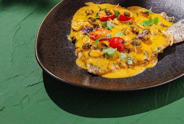 Lezzetli bir yemek, bol soslu taze sebze ve otların bir kombinasyonunu sunar. Parlak renkler siyah tabağa çarpar, cezbedici restoranlar.