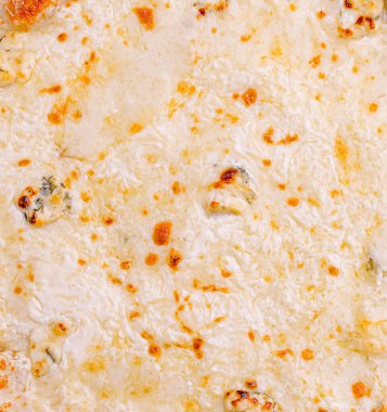 Kremalı, erimiş peynir sosu çeşitli deniz ürünleriyle dolu altın fırınlanmış bir tabağı kaplar. Kabaran dokusu ve zengin rengi tadını çıkarmaya hazır lezzetli bir yemek olduğunu gösteriyor..