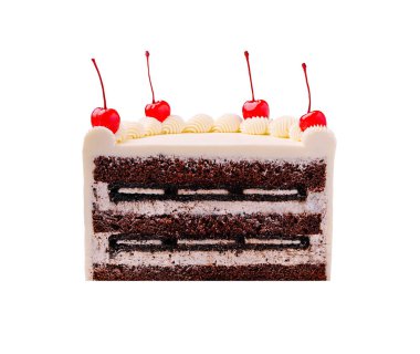 Lezzetli bir çikolatalı pasta üzerinde birden fazla katman, kremalı krema ve canlı kirazlar barındırır. Kutlamalar için mükemmel ya da her toplantıda tatlı ikram etmek için..