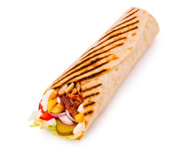 Sıcak, ızgara ambalajlar taze sebze ve baharatlı etin karışımı renkli ve iştah açıcı bir yemek oluşturuyor. Hızlı ve tatmin edici bir yemek için her zaman mükemmel..