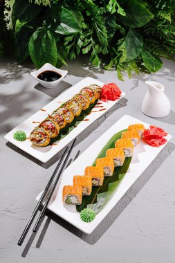 İki zarif suşi tabağı bir dizi renkli rulo ve taze garnitür sergiliyor. Ortalık sakin, yemyeşil bir çerçeve ile çerçevelenmiş, yemek deneyimini geliştiriyor..